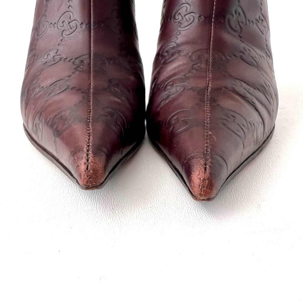GUCCI | Brown Guccissima GG Logo Leather Pointed Toe Stiletto Ankle Booties 7B - Picture 5 of 14